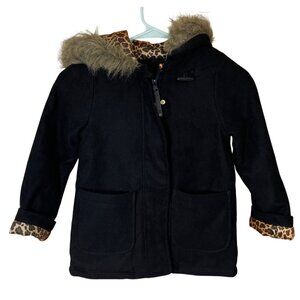 Jessica Simpson Girl's Coat Size 7 Faux Fur Trim Hood Animal Print Lined Black